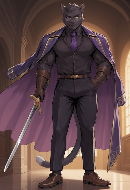 masterpiece,best quality, amazing quality, 1boy, solo, s3nr1, cat boy, black fur, purple glasses, tail, colored sclera, brown gloves, black buttoned shirt, purple cape, black pants, brown shoes, weapon, purple tie, purple undershirt,
