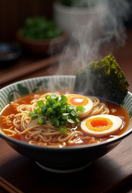 A perfect steaming bowl of ramen, thing noodles, light clear broth, half a boiled egg, chopped green onions, naruto, kelp, sesame seeds, chopsticks on the side, ramen spoon on the right,
Photorealistic, Highly detailed, masterpiece, 4k, high resulution, great lighting,