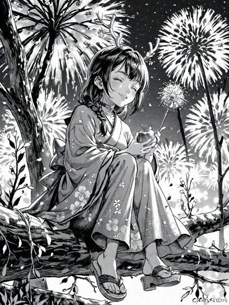 1girl aerial_fireworks antlers black_choker blurry blush braid branch candy_apple choker closed_eyes depth_of_field fireworks floating_hair food geta green_kimono holding holding_food horns japanese_clothes kimono long_hair night profile sandals shoe_dangle sitting sitting_on_branch smile tree virtual_youtuber
, <lora:Berserk:0.8>, score_9, score_8_up, score_7_up, zPDXL3, monochrome, greyscale