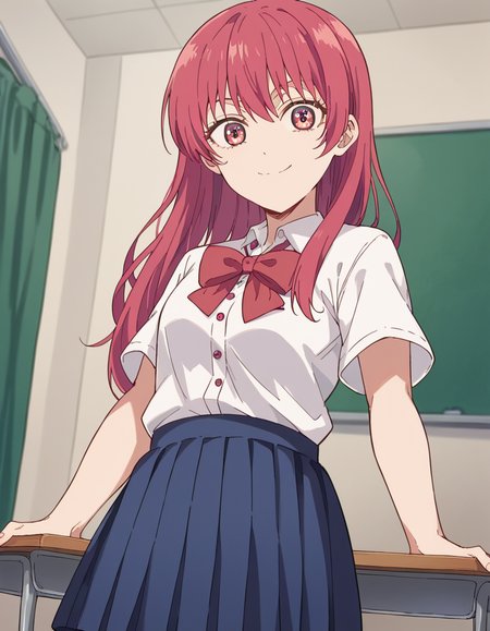 score_9, score_8_up, score_7_up, source_anime, <lora:saki-saki-s2-ponyxl-lora-nochekaiser:1>, saki saki, long hair, bangs, red eyes, red hair,, skirt, shirt, bow, school uniform, white shirt, short sleeves, pleated skirt, bowtie, blue skirt,, indoors, smile, looking at viewer, solo,, cowboy shot, dutch angle