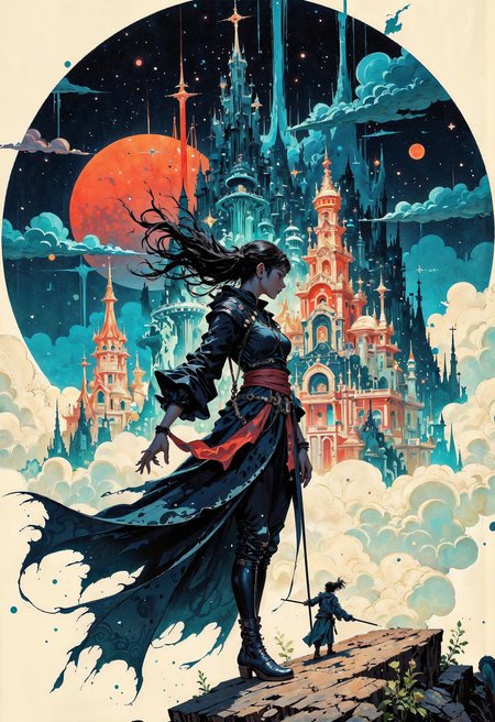 (in Otomo Katsuhiro style:1.2), masterpiece, high-quality, A ghostly painter dressed in flowing ink-stained garments, wielding an oversized brush as though its a weapon, Each stroke she paints on thin air brings to life fragments of a surreal landscape a floating palace a river of stars, mountains growing like crystalsâhovering around her in a swirling vortex of imagination, creation in motion, surreal fragments, floating art, Stylized anime with painterly abstract effects and a sense of fluidity, (elaborate fine details:1.1), (hyperdetailed:1.1), (intricate details:1.0), (Refined details:1.1), (best quality:1.1), (high resolution:1.2), <lora:FLUX\Anime v1.3:0.6> <lora:FLUX\VividlyReal:0.6> <lora:FLUX\FLUX-daubrez-DB4RZ:0.4>