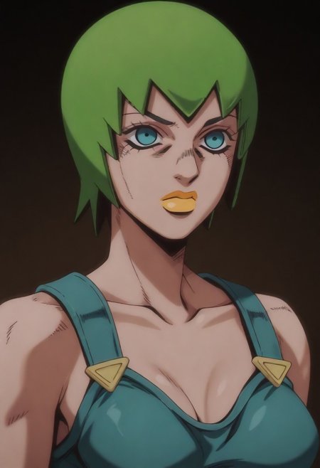 masterpiece, best quality, amazing quality,,, shiny skin,,,,,  (((1girl, solo, FooFighters, Green Hair, Short Hair, Cyan Eyes, Yellow Lipstick, Teal Overalls, Gold Buttons, perfect face, detailed eyes))),