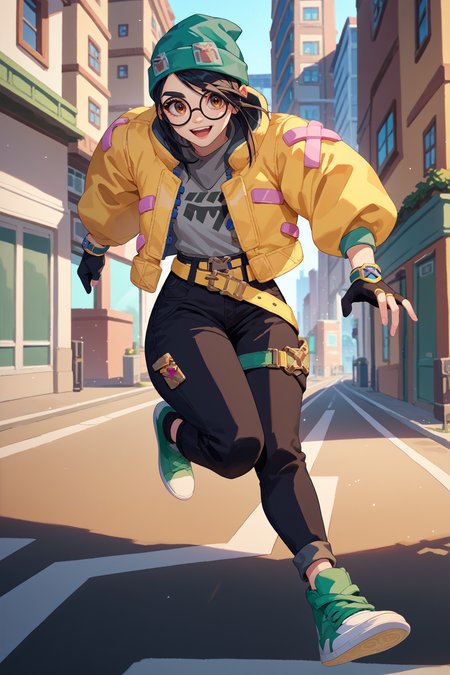 score_9, score_8_up, score_7_up, score_6_up, source_anime, 1girl, solo,  <lora:valorantkilljoy-pdxl-nvwls-v1-000005:1> valoKJ, black hair, brown eyes, green beanie, round glasses, yellow jacket, grey shirt, partially fingerless gloves, yellow belt, black pants, green sneakers, running, city, full body, happy