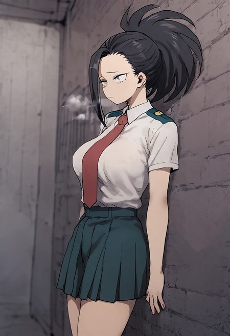 score_9, score_8_up, score_7_up, best quality, highest score,source_anime, My Hero Academia Anime Style, 2D,
1girl, yaoyorozumomo, long hair, bangs, black hair, ponytail, black eyes, high ponytail, wide ponytail, (large breasts:1.5), small waist, round ass), school uniform, white shirt, collared shirt, short sleeves, red necktie, green skirt, ((NTR atmosphere,darkness,steam)),
<lora:Deadflow_Assorted_Doujin_Artstyle_Blend_PonyXL:.7>
 (alley, wall) BREAK (standing, hands), (sad,  Looks boring)
 (hands on sides, against wall, cowboy shot)