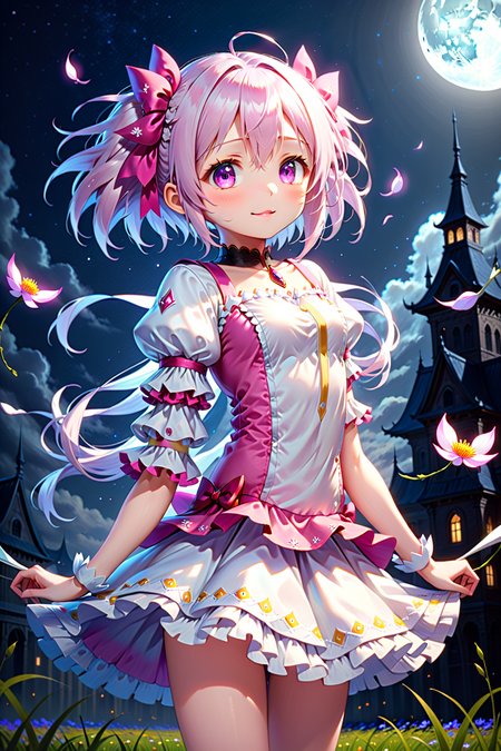 masterpiece, best quality, 1girl,kaname madoka, <lora:madoka_xl_16dim:0.5>, (colorful),(finely detailed beautiful eyes and detailed face),cinematic lighting,bust shot,extremely detailed CG unity 8k wallpaper,white hair,solo,smile,intricate skirt,((flying petal)),(Flowery meadow) sky, cloudy_sky, building, moonlight, moon, night, (dark theme:1.3), light, fantasy,