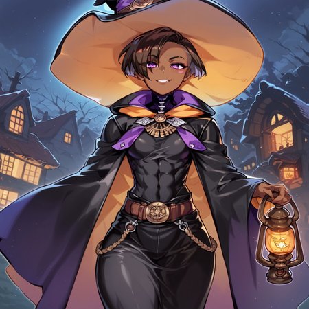 safe_pos, score_9_up, score_8_up, score_7_up, 1girl, solo, dark skin, dark-skinned female, tomboy, female ninja, short hair, spiky short hair, brown hair, undercut, purple eyes, witch hat, long black dress, long skirt, brown belt, Short Cloak

,small breasts, thighs, curvy, voluptuous figure, smug, muscular female, abs, big ass, poses, adult woman, covered body, covered abs, long sleeves, wide sleeves

, detailed, detailed body, detailed face, best quality, masterpiece:1.4, Expressiveh, dark outlines, outdoors, night, tree, Lantern, building, pumpkins, Halloween-themed