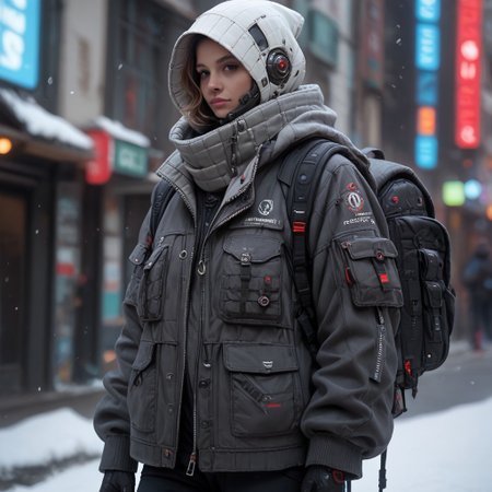 score_9, score_8_up, score_7_up, score_6_up, score_5_up, score_4_up, source_photo, source_real,  snow, techwear, solo, gloves, long_sleeves, standing, jacket, pants, hood, bag, blurry, no_humans, blurry_background, backpack, helmet, robot, mecha, 1other, zipper, science_fiction, realistic, humanoid_robot, Vivid Colors, high Contrast,