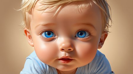 Cel Shaded Art, adorable wide blue eyed baby boy, plain light brown background  <lora:attractive_notrigger:0.6>  <lora:detailed_notrigger:0.4>  <lora:great_lighting:0.8>, 2D, flat color, toon shading, cel shaded style