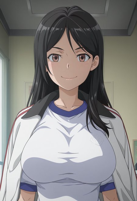 1girl,solo,mm,mature female,black hair,long hair,brown eyes,large breasts,anime coloring,
gym uniform,track jacket,white shirt,jacket on shoulders,upper body, looking at viewer, smile,indoors
,masterpiece,best quality,amazing quality,<lora:Seiri_Fukiyose-Toaru_Majutsu_no_Index_IL:0.8>