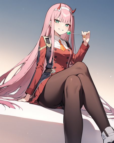 masterpiece, best qualityï¼ <lora:zerotwo:1>,1girl, zero_two_\(darling_in_the_franxx\), long_hair, solo, pink_hair, lollipop, candy, pantyhose, horns, food, green_eyes, hairband, smile, white_hairband, black_pantyhose, crossed_legs, looking_at_viewer, boots, sitting, holding, uniform, holding_candy, white_footwear, necktie, bangs, holding_food, military_uniform, military, short_necktie, holding_lollipop, very_long_hair, invisible_chair, orange_necktie, long_sleeves, grin