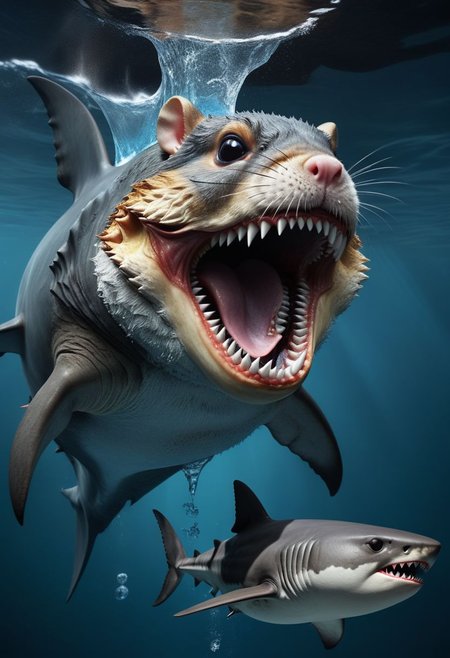 stunning quality, masterpiece, best quality, over-detailed, ultra-detailed, UHD, perfect anatomy, hyperrealism, majestic, amazing, inspiring, a hamster sits astride a giant shark megalodon with its mouth agape in cosmic water, cinematic composition, soft shadows, national geographic style