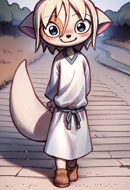 score_9, score_8_up, score_7_up, BREAK source_anime , 
paige,solo,furry,tail,
white dress,blush,happy,smile,closed mouth,standing,looking at viewer,arms behind back,outdoors,rural,road,masterpiece, best quality,very awa, absurdres,child,kid