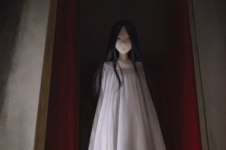 ((masterpiece)),(best quality), absurdres,sadako_yamamura,red eyes, white dress, <lora:death2HorrorLocon_v10:0.7>,horror (theme),dark, 1girl,night, dark, vanishing point,1other,looking at viewer,