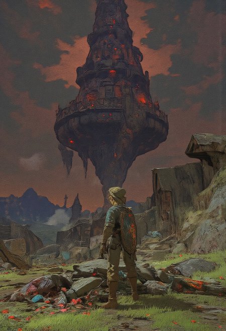 l3nk, link standing in front of a dungeon tower, zdst style, A mystical, epic fantasy landscape featuring a lone male knight (link) in a green tunic and cap and blond hair, he is holding the master sword and has the hylian shield on his back, standing on pile of goblin corpses, gazing at a massive, ancient dark tower floating above the ground. The tower is illuminated by the red glow of the rising moon, casting dramatic shadows and creating a dark, terrifying, ethereal atmosphere. In the background a smoking volcano is on the horizon under a dark ominous sky with harsh beams of fire piercing through. The ground is covered in dead grass, scattered with small evil flowers and fallen leaves dancing in the wind. High detail, cinematic lighting, epic fantasy aesthetic with a magical, serene vibe
,  anime, cyberpunk