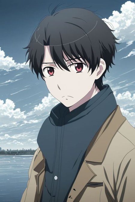high resolution, solo, best quality, 1Boy, Inaho Kaizuka, Black Hair, gloomy, Sky, strong wind, OverallDetail