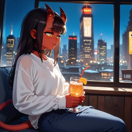 score_9, score_8_up score_7_up, score_6, BREAK masterpiece, high quality, perfecteyes, detailed background, depth of field, SkinDetail, cinematic lighting, shading, meruccubus, 1girl, 2d, red tail, horns, demon tail, long hair, black hair, choker, yellow_eyes, freckles, colored skin, red skin, demon_girl, flat chest, black outline, looking outside window, bottle, relaxing, holding glass cocktail, focus solo, on side, sitting window bench, long sleeves, white shirt, blue pants, shirt, indoors, building, interior, night sky, moon, city lights, city background, city theme, huge glass windows, smile