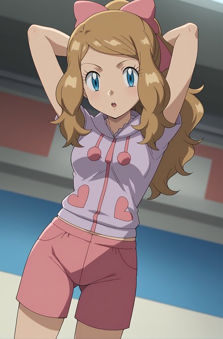 score_9, score_8_up, score_7_up, source anime, anime, animification, anime screencap, anime coloring, vivid colors, shiny skin, skindentation, deep skin, depth of field, high quality, highres, (dynamic angle,dynamic pose),
serenapajamas, 1girl, solo, long hair, looking at viewer, blue eyes, short sleeves, bedroom, brown hair, ponytail, hair bow, shorts, armpits, pink bow, arms behind head, pink shorts, serena \(pokemon\)
BREAK
masterpiece,high quality
 <lora:Serena_Pajamas_XL:0.9>