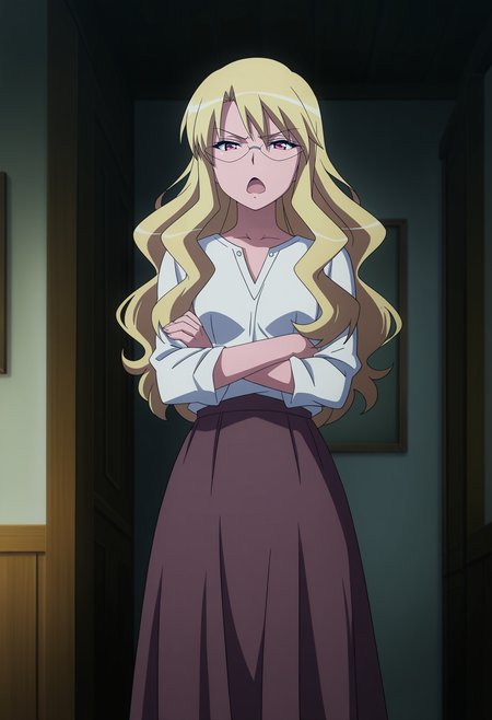 1girl,solo,Eleonore,mature female,blonde hair,long hair,glasses,pink eyes,small breasts,anime coloring,
white shirt,skirt,long skirt,crossed arms, looking at viewer, frown,open mouth, indoors
,masterpiece,best quality,amazing quality,<lora:Eleonore-Zero_no_Tsukaima_ix:0.8>