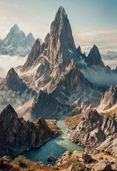 towering mountains loom, their peaks veiled in mist.precious stones,  intricate details, natural lighting, volumetric lighting maximalist. intricately detailed, complex, elegant, expansive, fantastical, film photography style,  medium grain, FRESHIDESH Moebius comic book