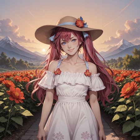 safe_pos, safe_pos, safe_pos, safe_pos, safe_pos, safe_pos, safe_pos, score_9, score_8_up, score_8, score_7_up, score_7, ExpressiveH, full body
BREAK
1girl, solo, Botan, blue eyes, pink hair, red hair, bangs, hair ornament, long hair, hair bun, CMitSBotan, wide hat, twintails, hair ribbons, white dress, flower, collarbone, broad hips, looking at viewer, head tilt, seductive look, aroused, horny, standing, oiled skin, hand in hair, looking at viewer, lips parted, blushing, mischievous smile
BREAK
Garden, sunset, orange sky, purple sky, mountainous horizon
