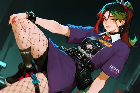 (masterpiece, best quality, absurdres, highres), solo, imtdhelsiexl, 1girl, multicolored hair, black hair, green hair, red hair, ponytail, green eyes, dress, bracelet, collared shirt, spikes, necktie, fishnets pantyhose, freckles, streaked hair, belt, choker, multicolored nails, thigh strap, belt pouch, cross earrings, eyeshadow, dress print, sneakers, socks, smile, closed mouth.,very aesthetic,amazing quality,high resolution,depth of field,ultra-detailed
