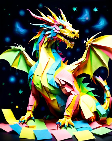 a massive colorful dragon made out of Jed-StickyN, dynamic pose, fantasy, epic, ultra wide shot, zoomed out, front view, 
<lora:StickyNotesStyle:1>,  <lora:add-detail-xl:0.7>,  <lora:sd_xl_dpo_lora_v1:1>, <lora:xl_more_art-full_v1:0.7>,  set against a  background of a starry sky, <lora:- SDXL - vanta-black_contrast_V3.0:0.7>