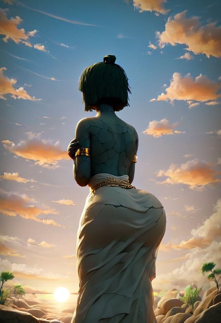 score_9, score_8_up, score_8, solo, 1girl, MILF, ((white_marble statue of a woman)), rock golem girl, (((marble skin))), (((stone skin))), ((moss covering body)), (chipped_body), (moss on back), hourglass body, fertile hips, [[big butt]], ((plump body)), ((rock hair)), ((short bobbed hair)), Egyptian headdress, gold jewels in hair, ((gold jewelry)), (onyx hands), missing arms,  ((Egyptian dress, white cotton)), dress, clothes, 
back turned to viewer, looking at the sunset, ((looking towards the background)), facing the sunset, 
sunset, sun in background, dessert, dunes, pyramids, ((sandstorm)), (zoomed_out), wide_angle shot