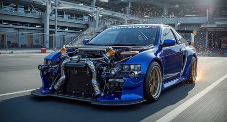 a stylized Lancer Evolution racing car in midnight blue with bold silver mechanical tubing protruding through the hood and running externally along the A-pillars, bright orange highlights on structural reinforcements and exposed roll cage segments, engine bay wide open and covered in raw alloy mechanical detailing — belts, pulleys, heat shielding, and braided hoses visible, rear wheel wells open with visible suspension tubing and servo joints, low stance with mechanical aggression, background is a Tokyo parking deck mid-race, sparks and tire smoke trailing in the air, skyline reflections shimmer across the car’s surface, photoreal, vivid but not oversaturated  








mg-mk.1