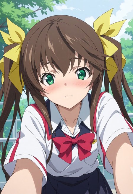 score_9, score_8_up, score_7_up, source_anime, masterpiece, best quality,perfect anatomy,rating_explicit,rin, black school outfit,yellow ribbon,looking at viewer,pov,outdoor,blushing,dutch angle  <lora:rin.pony:1>