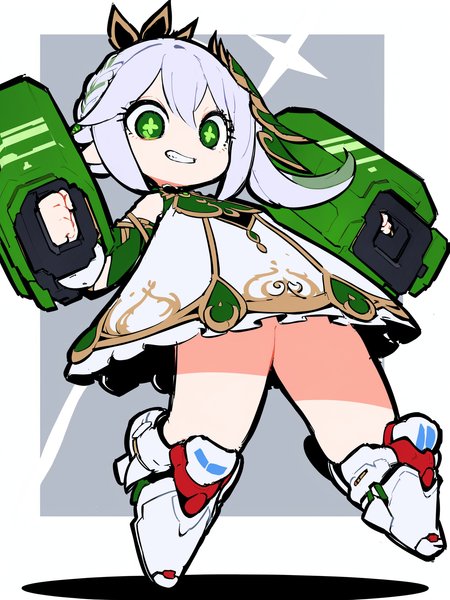 masterpiece, best quality, <lora:style37-xl-a3.1:1>,full body,mecha musume,green mecha,
1girl,solo,nahida \(genshin impact\), grin,