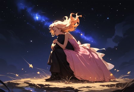score_9, score_8_up, score_7_up, score_6_up, 1girl, ethereal, rated_safe, full body, floating, celestial beauty, fetal position, slinky night gown made of cosmic dust, swirling clouds of dark matter enfold her,  cosmic background,trippy pink stars, shooting stars