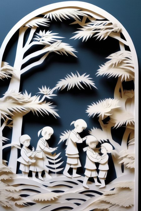 <lora:KIRIGAMI:1>KIRIGAMI - highly intricate paper cut of Asian children learning. Pages from a book. Minimalist style.