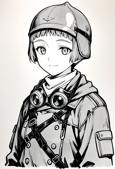 <lora:LastExileLaviIL:1>, laviehead, 
monochrome, solo, greyscale, closed mouth, upper body, smile, flighthelmet, traditional media, sketch, flightsuit, goggles around neck,
masterpiece,best quality,amazing quality,