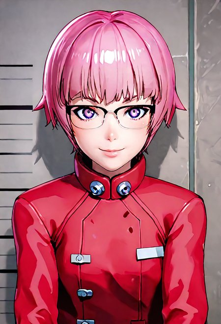 <lora:sdxl_lightning_8step_lora:1> <lora:Fixhands_anime_bdsqlsz_V1:1>score_9, score_8_up, score_7_up, source_anime, intricate details, perfect anatomy BREAK
1girl, solo, gis-esakipurin, pink hair, short hair, purple eyes, black-framed eyewear, red coat, 
little smile, standing, mugshot, looking at viewer, upper body, portrait, close-up face, facing viewer, indoors,
<lora:gis-esakipurin_XL(pony)fix:0.9>