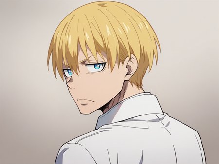 score_9, score_8_up, score_7_up, score_6_up, score_5_up, <lora:fforceXLP:1> fforce, blonde hair, blue eyes, 1boy, male focus, solo, looking at viewer, looking back