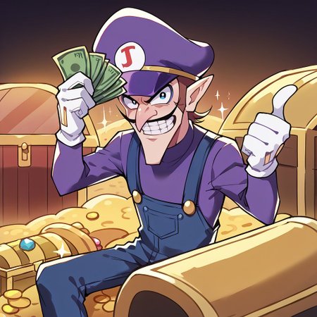 score_9, score_8_up, score_7_up, source_anime, rating_safe, SFW, solo, masterpiece, very aesthetic, absurdres, recent, anime screenshot, flat coloring, BREAK <lora:ChamWaluigiPonyXL:0.8> waluigi, mustache, 1boy, teeth, hat, gloves, brown hair, pointy ears, white gloves, overalls, smile, long sleeves, purple headwear, grin, open mouth, purple shirt, pants, sitting on a treasure chest holding money, <lora:gangstersb-guy-PONYv1:0.65> gangstersb, holding, money, holding money, looking at viewer, <lora:treasure xl v1:0.65> treasure-room, treasure chest