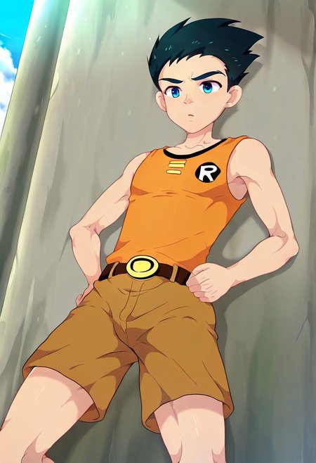 1boy, robin_titans, black hair, blue eyes, boy, solo, young man, small body, brown shorts, outdoor, sunny day, clear sky, avarage height, strong leg, medium build body, orange tank top, plain color tank top, plain tank top, lean body, mikkoukun, male focus