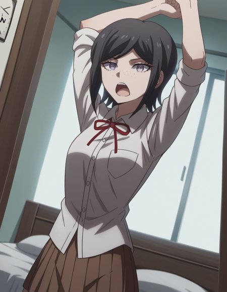 score_9, score_8_up, score_7_up, source_anime, <lora:mukuro-ikusaba-s2-ponyxl-lora-nochekaiser:1>, mukuro ikusaba, short hair, bangs, black hair, freckles, purple eyes,, skirt, shirt, ribbon, school uniform, white shirt, pleated skirt, collared shirt, red ribbon, neck ribbon, grey shirt, sleeves rolled up, brown skirt,, bedroom, alarm clock, morning routine, yawning, stretching, on bed,, , looking at viewer, arm straight out in front, solo,, cowboy shot, dutch angle