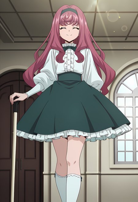 masterpiece,best quality,amazing quality,

1girl, solo,

Mirei Minae (Cardfight Vanguard), long hair, old rose hair, closed eyes,

hairband, white shirt, puffy sleeves, frills, long sleeves, green skirt, frilled skirt, white socks, kneehighs, white walking stick,

cinematic, smile,

Indoors, 

Lens flare, bloom,

Official style, anime screencap, anime coloring,
















