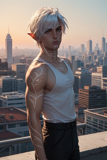 score_9, score_8_up, score_7_up,
<lora:DA2Fenris:1.0>
DA2Fenris, 1boy, white hair, green eyes, white tattoo, pointy ears, looking at viewer, in a tailored suit, standing on a rooftop overlooking a city skyline at sunset, golden hour, wind blowing through his hair, dramatic shadows
