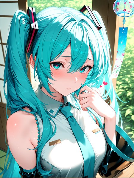 masterpiece, best quality, absurdres, amazing quality <lora:cfg_scale_boost:0.3> <lora:StS-Illustrious-Detail-Slider-v1.0:3> <lora:StS_Age_Slider_Illustrious_v1:3>,detailed_background,outdoors,wind chime,closed mouth,1girl,looking at viewer,sleeveless,detached sleeves,collared shirt,vocaloid,teracha1,hatsune miku,blush,highres,white shirt,black sleeves,blue necktie,solo,heart,sleeveless shirt,twintails,blue eyes,necktie,hair between eyes,long sleeves,blue hair,shirt