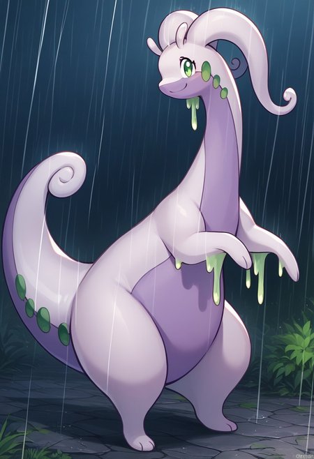 core_9, score_8_up, score_7_up, source_anime, 2d anime, masterpiece 2d art, (Goodra, antennae, dripping goo, pokemon \(creature\), feral), smile, solo, looking at viewer, rainy mountains, 
 <lora:Smooth realistic Style LoRA XL:0.8>
