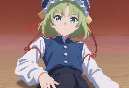 1girl, solo, solo focus, highres, absurdres, shikieiki, green hair, frilled hat, blue eyes, blue headwear, short hair, bangs,
long sleeves, black skirt, white shirt, blue vest, red ribbon, epaulettes, small breasts, arm ribbon, buttons, 
looking at viewer, lying, on back, 
spider lily, flower field, night sky, red sky, dark, red theme,