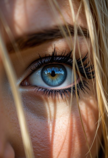 detailed face, intricate details, hyperdetailed, photo, (realistic:2.0), HDR, RAW, IMG_1018.CR2, aidmafluxpro1.1, aidmaHyperrealism, ((eye close-up. Eye focus:1.3. rosy cheeks. long lashes. black eyeshadow. Wide open blue eye. Sparkling eye. Blushing cheeks)) skin texture. out of focus hair, loose hair strands. blonde. Complex sunlight shadows. Freckles.