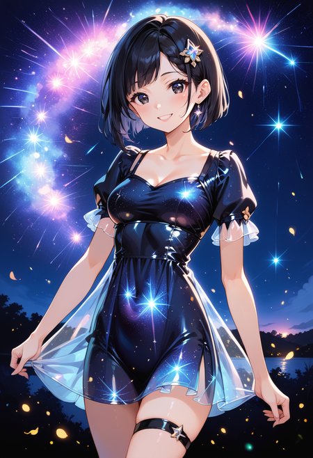 (score_9, score_8_up, score_7_up, masterpiece,source_anime, best quality, perfect anatomy, very aesthetic, ((outlined outlined vector graphics)), source_anime,
1girl,20yo, black hair, black eyes, short bob hair, hair pin,mdeium  breast, slender,(white thigh strap:1.1),(black clohtes:1.1),, outdoors,  blush, cowboy shot, galaxy, gradient sky, glittering, glimmering, glowing , aetherical, looking at viewer, milky way,starry night, night, night sky, shooting star, sky, skyline, smile, solo, star \(sky\), star \(symbol\), starry background, starry sky, starry sky print,starrynightdress, starry night dress, black dress,,( short sleeve dress:1.2),see-though,
 <lora:starry-night-dress-02:1>