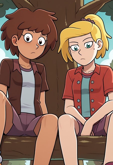 2girls, CHAnneboonchuy, CHSASHAWAYBRIGHT, sitting in a tree, looking down at viewer, sfw