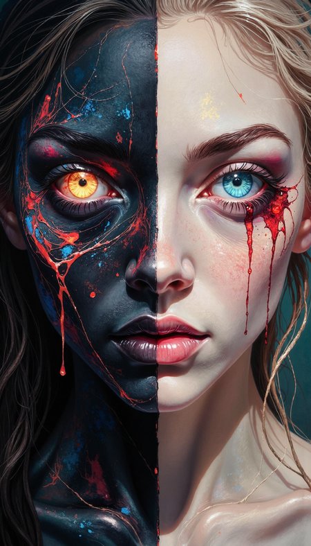 DB4RZ,DB4RZ style painting,a hand-drawn sketch and watercolor style,opalescent inlay,DIGITAL PAINTING,FLUORESCENT, GLOW, An extremely close-up portrait, bisected perfectly down the middle, depicting the tenebrous duality of a female visage. The left half, rendered in stygian hues, with a single, malevolent, fulgent orange eye, exudes a sinister aura.  Contrasting starkly, the right half, ethereally fair with cerulean blue eyes, evokes an air of vulnerable innocence. Crimson droplets, like macabre teardrops, cascade down both sides, congealing at the corner of her carmine-painted lips, frozen in an enigmatic expression. The meticulous chiaroscuro emphasizes the stark dichotomy, her features sharply defined against a blurred background. The composition exudes a palpable tension, a macabre ballet between darkness and light, beauty and monstrosity.