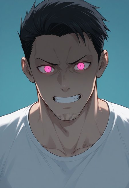 masterpiece,best quality,amazing quality,fujio uzaki,1boy,male focus,solo,shirt,portrait,teeth,(glowing:1.2),(glowing eyes:1.2),white t-shirt,<lora:SakuraiShinichi_V2_noob-000010:1>,