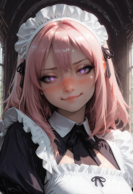 HDR, 8K, masterpiece, best quality, amazing quality, very aesthetic, absurdres, newest, (scenery, volumetric lighting),depth of field, 1girl,solo,,(album cover) , eyeliner,long pink hair, purple eyes, maid outfit, (by j.k. :1.3), realistic, nose, lips, 1girl, solo,portrait, upper body, looking at viewer, (head tilt:1.2), smug, nose blush, yandere, dark background, dark theme, glowing eyes, thick eyelashes, gesugao, slit pupils, masterpiece, best quality, amazing quality, very aesthetic,,sleek,   pout, vladivostok, historical, stream,day, smog,solo focus,(shiny skin:0.7),masterpiece, best quality, amazing quality, very aesthetic, absurdres, newest, (scenery, volumetric lighting),depth of field,  <lora:CivChan:1> <lora:nhl-002:0.5> nhl-002 <lora:nhl-003-naii:0.5>nhl-003<lora:nhl-004-wai:0.85>nhl-004
