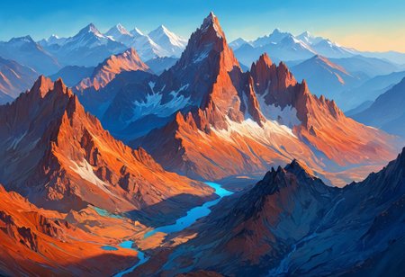 Expansive aerial view, majestic mountain range, surreal mirage atmosphere, rugged craggy peaks, intricate textures, vibrant light gradients, delicate alpine flora, dynamic shadows, hyper-detailed clarity, 8k masterpiece quality, rich cobalt blues, earthy terracotta accents, natural spatial composition, ambient luminescence, vivid natural details, layered mountain valleys, crisp reflective streams, soft pastel sky, exquisite natural painting qualities, mesmerizing atmospheric perspective
